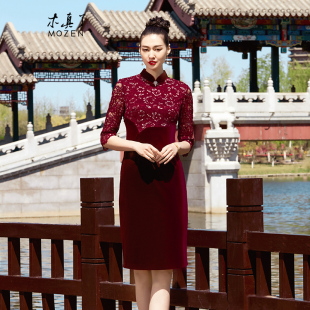 木真了丝绒旗袍裙新品 宴会婚礼喜妈妈连衣裙601 复古拼接七分袖