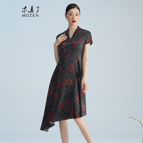 桑蚕丝印花不规则A摆气质连衣裙
