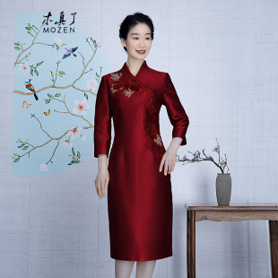 宴会礼服308 妈妈装 木真了复古风修身 刺绣短旗袍改良七分袖