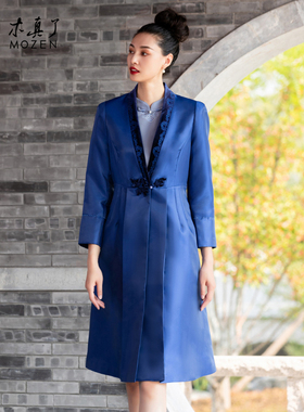 木真了通勤旗袍外搭纯色中长款新品中式长袖复古V领拼接风衣211