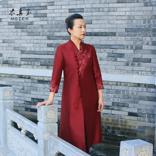 木真了新中式女长袖印花风衣
