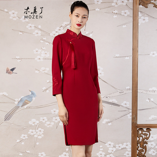 喜妈妈旗袍316 中国风羊毛刺绣修身 木真了九分袖 毛呢连衣裙新品