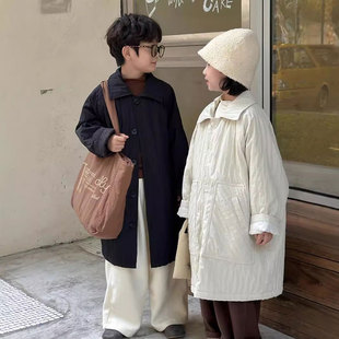 儿童棉衣外套春春男女童韩版纯色休闲中长款加厚上衣棉服兄妹装潮