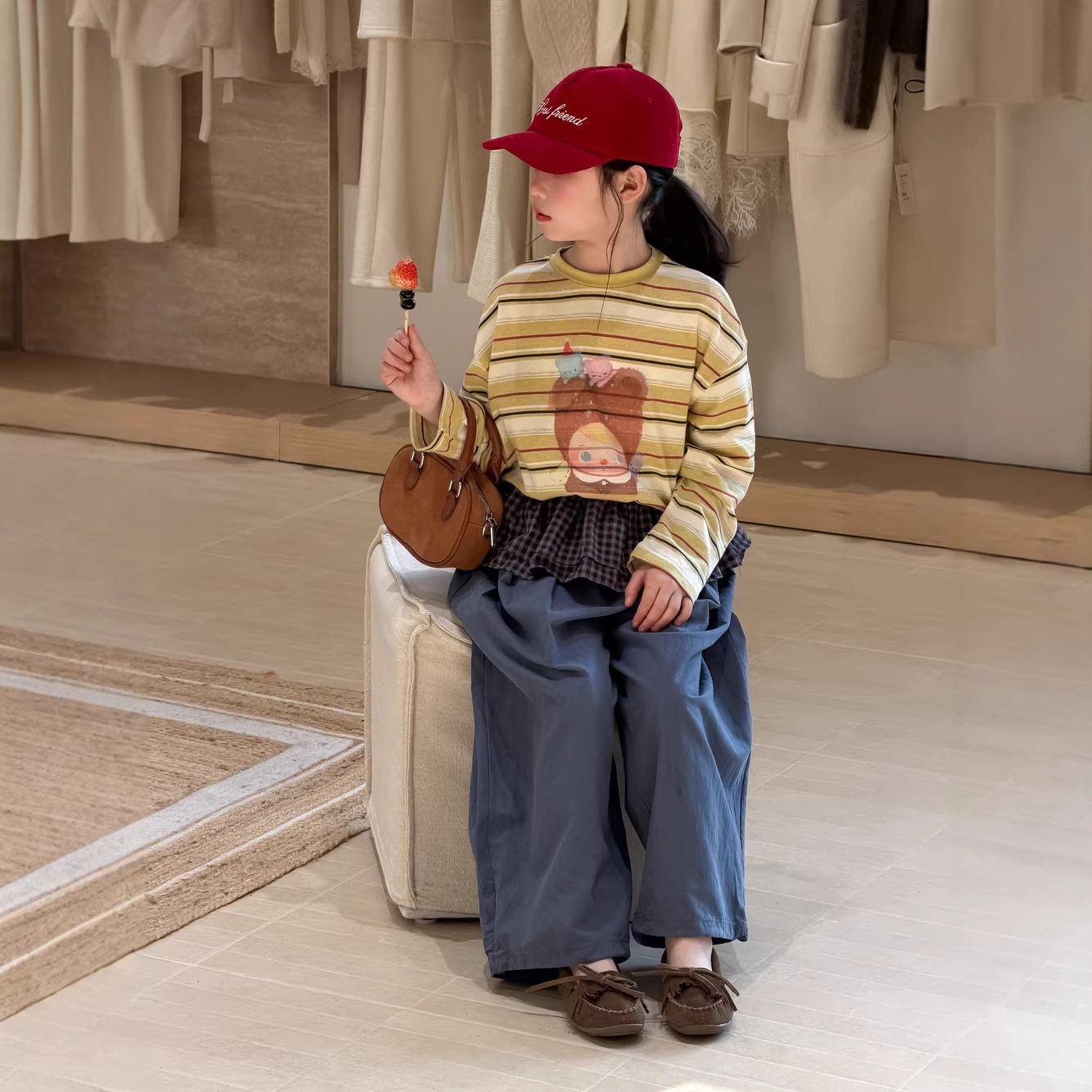 儿童长袖T恤2026春季新款女童宝宝韩版卡通印花宽松休闲条纹上衣