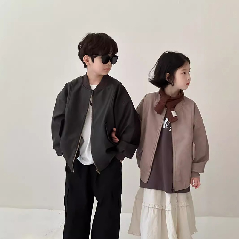 儿童皮衣外套秋装男童洋气立领夹克棒球服女童宝宝机车皮衣兄妹装