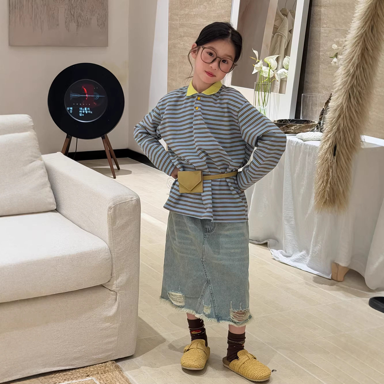 儿童POLO衫2026春季新款女童韩版条纹撞色领上衣休闲百搭长袖T恤