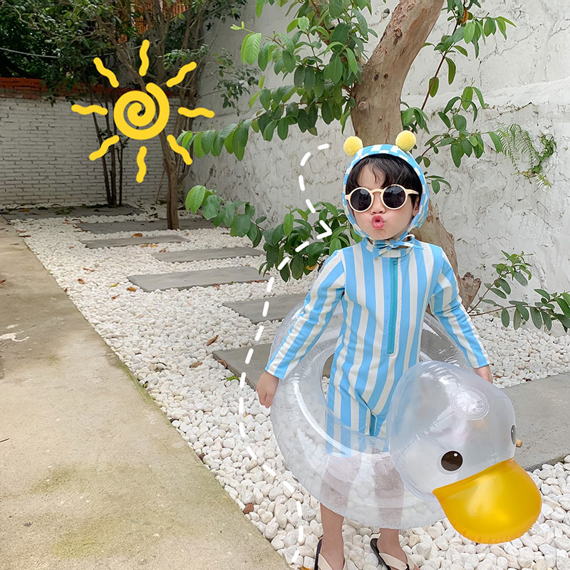 儿童泳衣夏季新款长袖条纹防晒