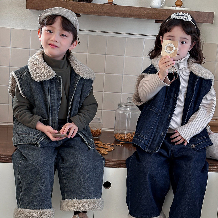 童装男童冬装羊羔绒牛仔马甲外套中小童加厚牛仔阔腿裤两件套洋气,童装/婴儿装/亲子装,套装,淘宝优惠券,粉丝福利购,淘宝优惠卷