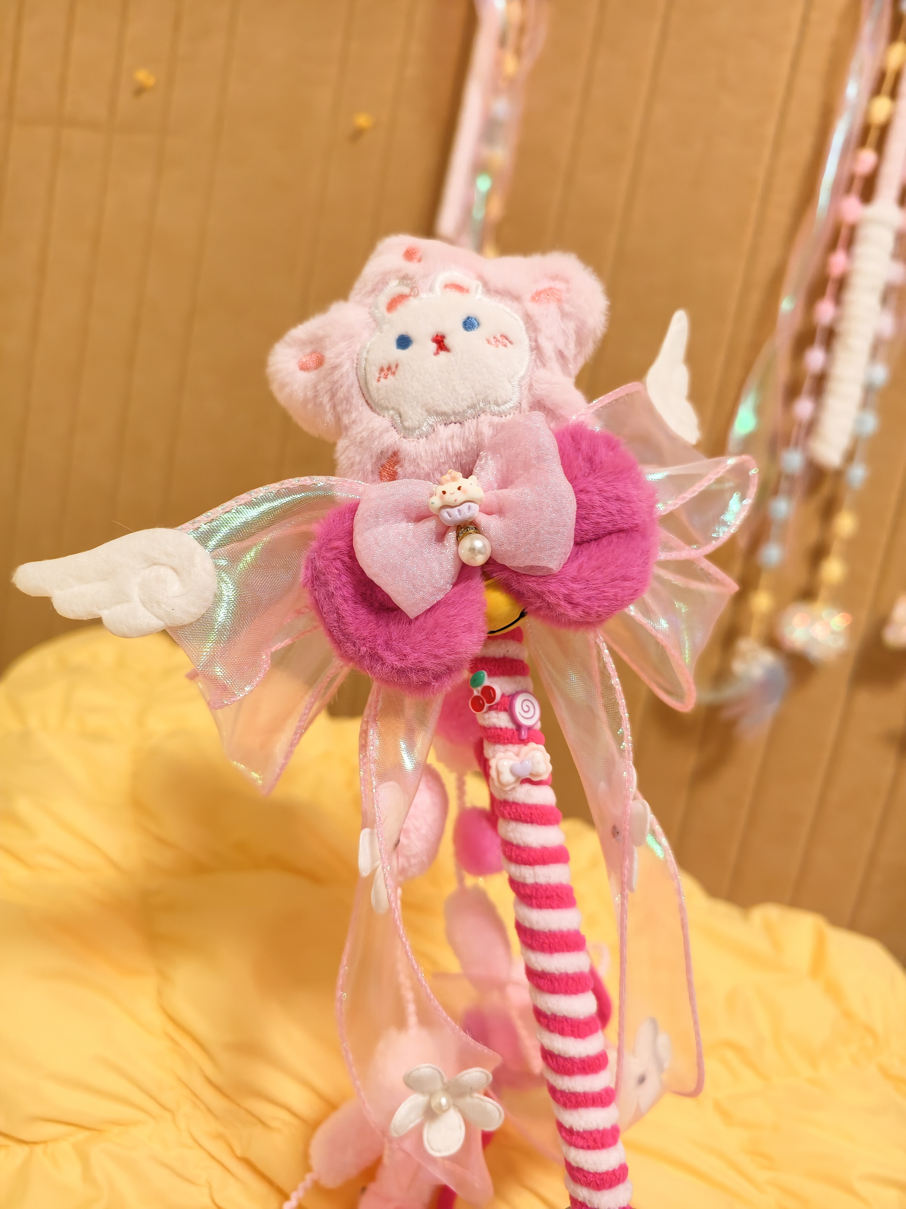 原创手工粉色毛茸茸星星魔法棒造型逗猫棒手杖