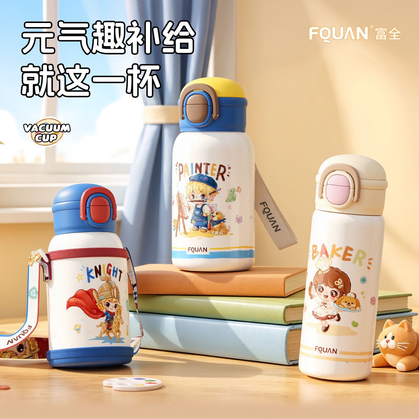 富全儿童双饮卡通弹盖316不锈保冷/保温杯