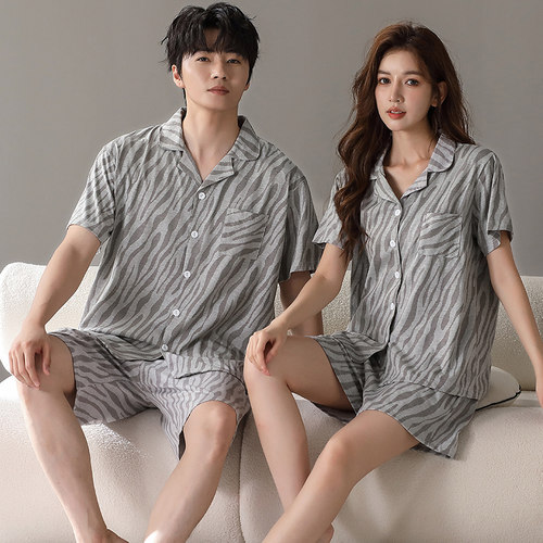 情侣睡衣纯棉薄款短袖条纹套装