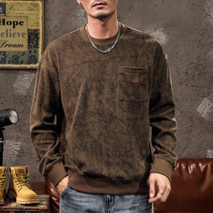 美式复古灯芯绒扎染卫衣男士潮牌宽松大码休闲长袖春秋薄款打底衫