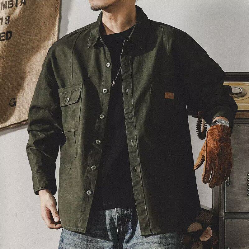 特大码美式重磅男士工装衬衫长袖秋冬季新款日系衬衣宽松夹克外套