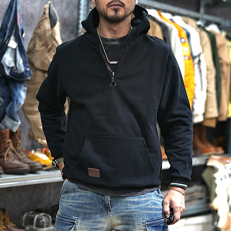 清仓捡漏美式半拉链连帽男士卫衣加厚重磅复古宽松半开领加绒外套