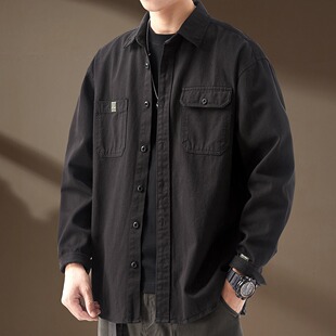 高端美式复古猎装工装长袖衬衫男春季潮牌纯棉宽松休闲衬衣外套男