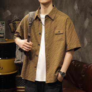 男士 短袖 百搭设计感泡泡格满印寸衫 夏季 T恤翻领半袖 衬衫 大码 薄款