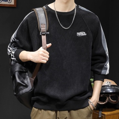 美式潮牌条纹卫衣男秋冬款圆领男款衣服秋季新款长袖大码打底衫男