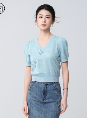 固执夏季新款中式盘扣v领套头泡泡短袖薄针织衫30042MY09189