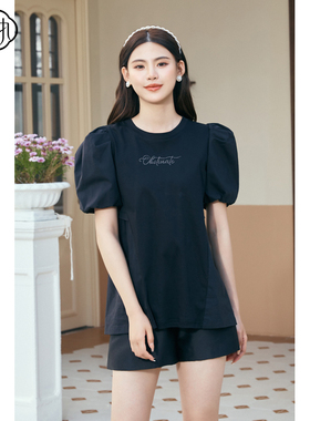 固执夏季新款学院风圆领拼接泡泡袖黑色t恤上衣00032TX08216