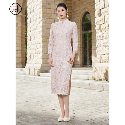 固执秋季新款中式领盘扣长袖蕾丝修身改良旗袍80033QP08406