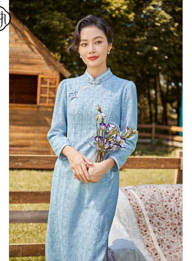 固执秋季新款中式立领蕾丝长袖修身改良中长旗袍32833QP08383