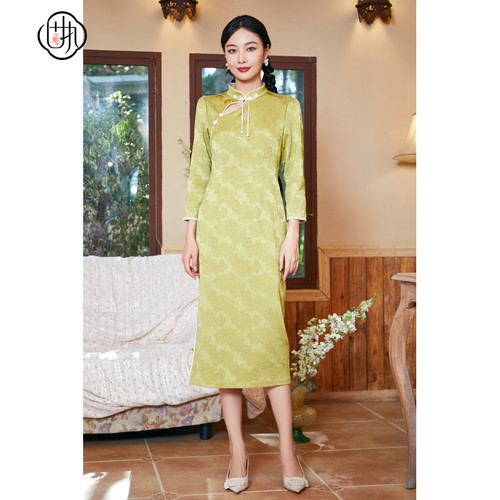 中国风改良中长款旗袍  长袖气质修身连衣裙