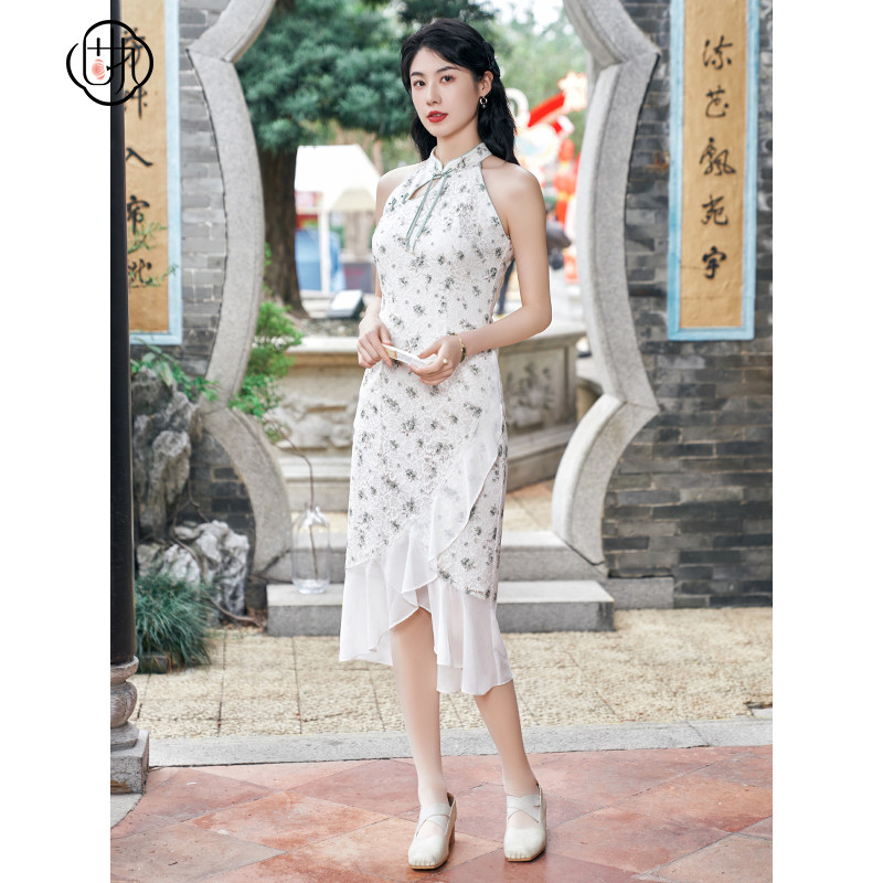 固执《繁花》中式挂脖旗袍夏季新款蕾丝碎花无袖荷叶边连衣裙