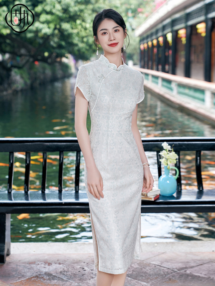 완고한 2024 새로운 여름 스타일 기질 중국 스타일 레이스 반팔 중간 길이 치파오 드레스 42642QP09182
