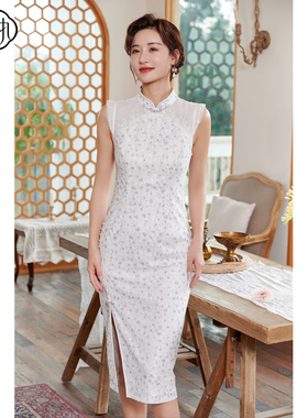 固执夏季新款中式无袖蕾丝碎花修身中长款旗袍10832QP08085