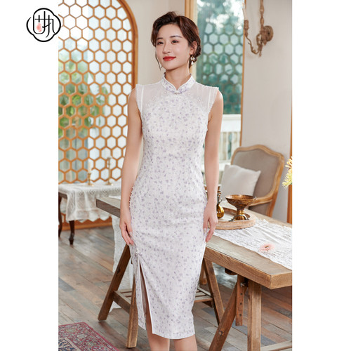 中式改良中长款旗袍 无袖蕾丝碎花连衣裙