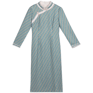 固执春季新款中式复古格子长袖旗袍中长连衣裙30731QP07908