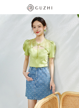 固执夏季新款复古圆领镂空泡泡袖小正肩短袖T恤40032TX08223