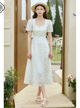 固执夏季新款法式气质方领泡泡袖中长碎花连衣裙42632LQ08139