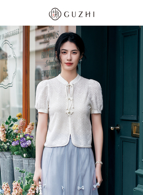 固执夏季新款新中式立领泡泡袖短款针织衫女装10842MY09330