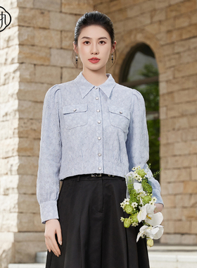 固执秋季新款学院风娃娃领蕾丝泡泡长袖短款衬衫32833CS08467