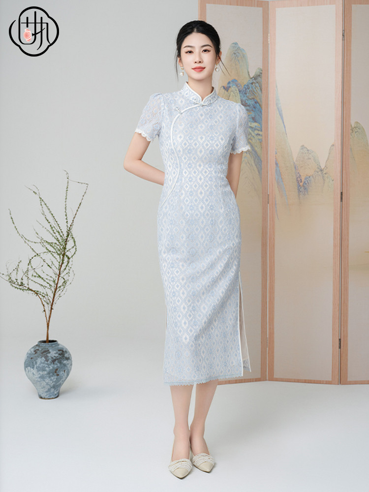 완고한 2024 여름 새로운 중국 스타일 스탠드 칼라 버튼 레이스 짧은 소매 슬림 개선 CHEONGSAM 30042QP09094