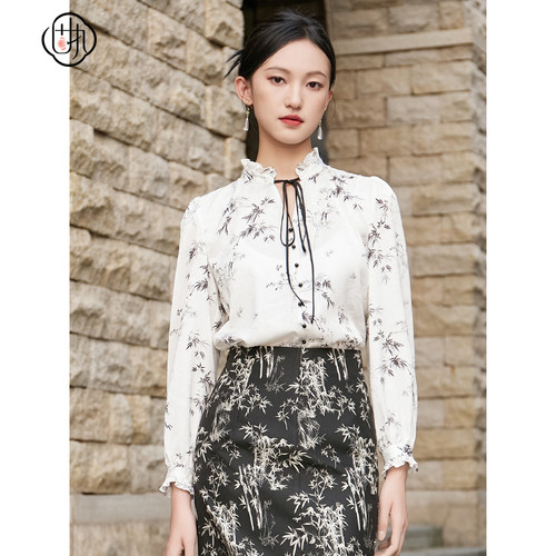 甜美荷叶边立领长袖  提花泡泡袖衬衫女装