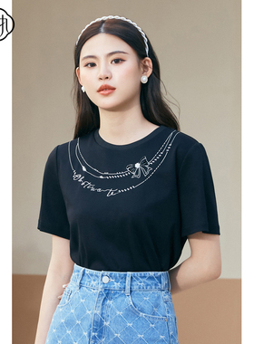 固执夏季新款复古刺绣钉珠简约黑色圆领短袖t恤00032TX08215