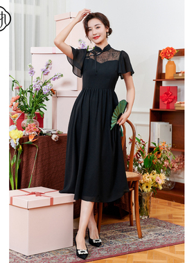 固执夏季新款中式复古黑色短袖中长款雪纺连衣裙00032LQ07848