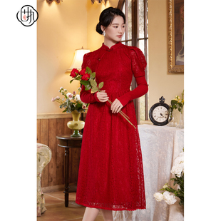 长袖 国风枣红立领泡泡袖 蕾丝连衣裙20933LQ08303 新款 固执秋季