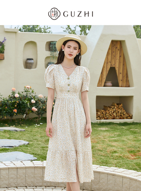 固执夏新款法式v领泡泡袖碎花短袖荷叶摆连衣裙50832LQ08133