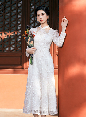 固执《月下仙》春季新款中式盘扣镂空蕾丝连衣裙10841LQ08831