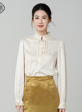 固执2025春季新款新中式立领盘扣提花荷叶边长袖衬衫80141CS08949