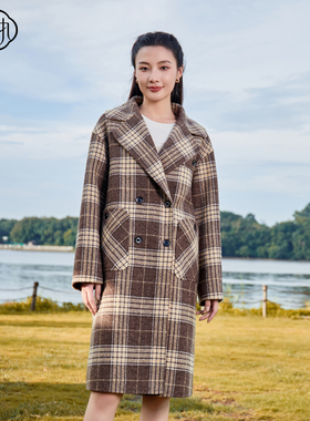 固执冬季新款学院风格子双面毛呢宽松大衣厚外套90234MT08779