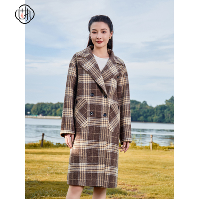 固执冬季新款学院风格子双面毛呢宽松大衣厚外套90234MT08779