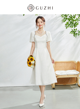 固执夏季新款法式气质方领泡泡袖提花短袖连衣裙10832LQ07984