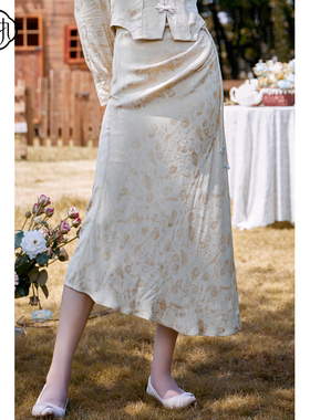 固执秋季新款复古中式提花蝴蝶结中长款半身裙52233BQ08404