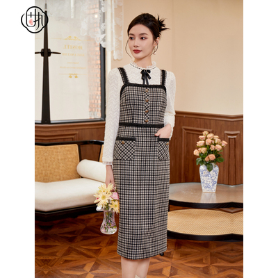 固执冬季新款小香风方领格子高腰显瘦背带连衣裙01134LQ08496
