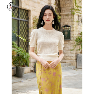 新款 针织衫 提花时尚 显瘦薄款 学院风圆领套头泡泡短袖 固执秋季