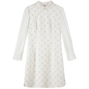 固执春季新款中国风长袖短款格子改良旗袍连衣裙10831QP07909